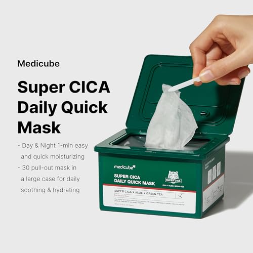 Medicube Super Cica Daily Quick Facial Masks (30 Sheets) - 60-Second Soothing & Hydrating Facial Mask with 88% Cica, Instant Cooling & Moisturization - 100% Vegan Certified, Korean Skincare