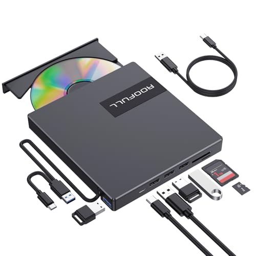 ROOFULL External CD DVD Drive with 4* USB Ports and 2* SD/TF Card Slot for Laptop, USB 3.0 Type-C CD-R/RW/ROM Reader Writer Burner DVD Player Disc Drive for PC Mac Windows 11/10 MacBook Linux Computer by ROOFULL - Used condition - US$16.99