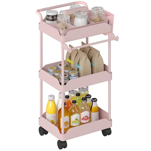 HOMCOM Carrito Auxiliar con Ruedas de 3 Niveles, Carrito de Cocina con Cestas Extraíbles, Ruedas con Freno, Soporte para Toallas y Marco de Metal, Carro de Servicio para Comedor, Salón, Baño, Rosa