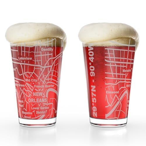 Greenline Goods – New Orleans, LA Map Pint Beer Glasses (Set of 2), 16 oz – Etched Wrap Design
