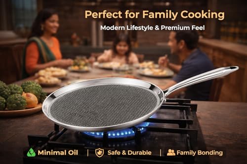 Image of Varnivesh Kitchenware Dosa Tawa | Triply Honeycomb Stainless Steel | Flat Pan Induction Gas Compatible Steel Cooking Tawa with Heavy Steel Handle Flat Cookware for Roti Dosa - 22 cm