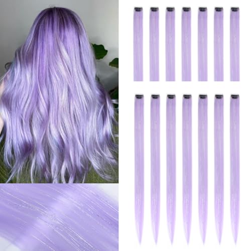 ZIRANJUAN 14pcs Light Purple Clip in Hair Extensions 22 inch Glitter Tinsel Hair Extensions Sparkly Fairy Hair for Women