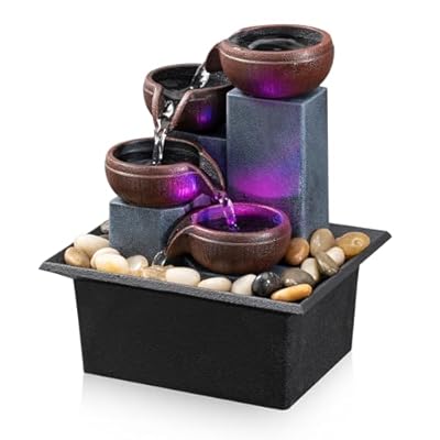 Tabletop Fountain 4 Level Small Waterfall Fountain Indoor Relaxing Water Feature Meditation Fountain for Home Office Bedroom Decoration Including LED Color Lighting and Natural Rocks