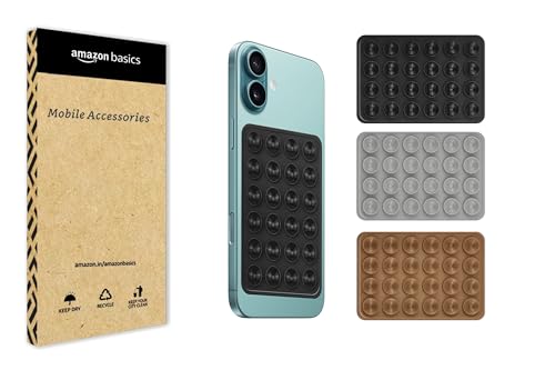 Image of amazon basics Suction Phone Case Anti-Slip Silicone Hands-Free Sticky Pads for Phone Case Mount for Selfies Videos Mirror Shower Car Dashboard - Black,Gray,Brown (Pack of 3)