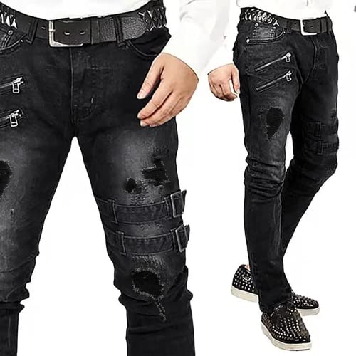 Men's Casual Slim Fit Ripped Skinny Distressed Demin Jeans Stretch Destroyed Biker Mid-Rise Jeans Pants3
