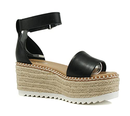Soda Tuckin - High Platform Inclined Wedge Espadrille Sandal With Rope Textured Weave And Velcro Ankle Straps. Adds Height And Elongates Legs Completes The Perfect Spring / Summer Look When Paired With Jeans, Shorts Or Skirts (7, Black Pu, Numeric_7) #TOP3