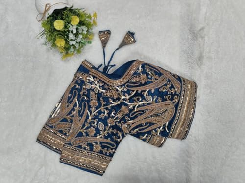 Image of Pujia Mills Women's Readymade Bridal Blouse Embroidery Copper Coding Glitter Sequence Thread Work Indian Ethnic Designer Stitched Half Sleeve Blouse Readymade for Women Saree Bridal Lehenga Choli