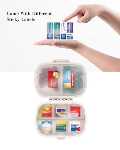 Travel Pill Organizer with Labels - 7-Day Mini Medicine Case (Beige, 161 Labels)
