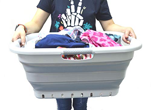 Image of SAMMART 41L (10.8 gallon) Set of 2 Collapsible 3 Handled Plastic Laundry Basket-Foldable Pop Up Storage Container /Organizer-Space Saving Hamper /Basket (2, Grey /Grey)