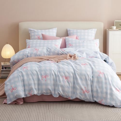 Blue Twin Size Duvet Cover Plaid Pink Bow | Soft Lightweight Micr...