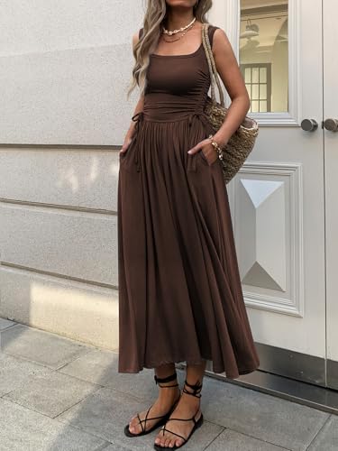 Image of Mieazom Women's Boho Summer Maxi Dress with Pockets, Adjustable Waist, Sleeveless Casual Ruched Sundress for Beach Vacation
