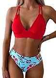Tainehs Women's Push Up V Neck Bikini Sets Criss Cross Back Two Piece Bathing Suit Red Floral