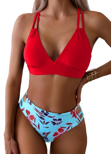 Tainehs Women's Push Up V Neck Bikini Sets Criss Cross Back Two Piece Bathing Suit Red Floral