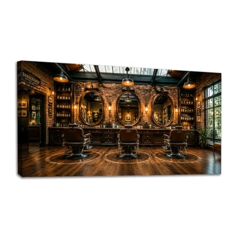 20"x 40" Canvas Wall Art Vintage Barber Shop Leather Chairs Exposed Brick Walls Framed Pictures Painting Prints Large Wall Art for Living Room Bedroom Abstract Home Wall Decor Artwork