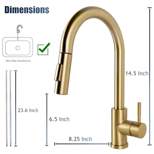 Hotis Gold Kitchen Faucet with Pull Down Sprayer, High Arc Stainless Steel Sink Faucet, Brushed Gold Bar Faucet Fit for 1 Hole Sink, Easy Install for Kitchen Farmhouse RV, HT-KF100 by HOTIS HOME - Used condition - Image 2