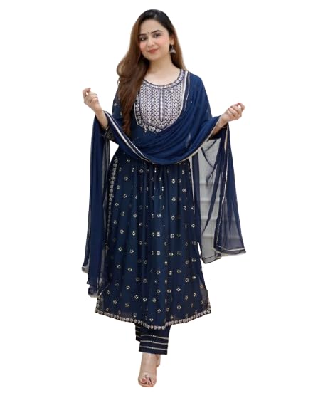 Women Embroidered Heavy Yoke Georgette Nayra Cut Kurta Pant with ...