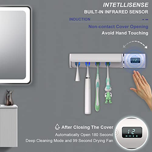 Hipykat Toothbrush Holder Wall Mounted - With Uva+Uvc 4 Cleaning Light & Silent Fan Drying, Motion Activation, Safety Cover, 2000Mah Rechargeable Bathroom Tooth Brush Cleaner, Family Size 4 Slot #TOP2
