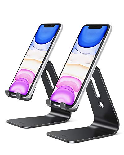 Cell Phone Stand, OMOTON [2 Pack] Phone Holder for Desk, Aluminum Mobile Phone Cradle Dock Compatible with All iPhone and Android Smartphone, (Black + Black)