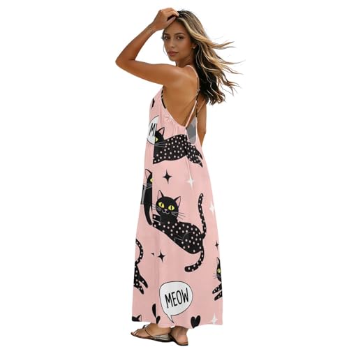 Robe longue d'été pour femme avec dos nu et imprimé original chats