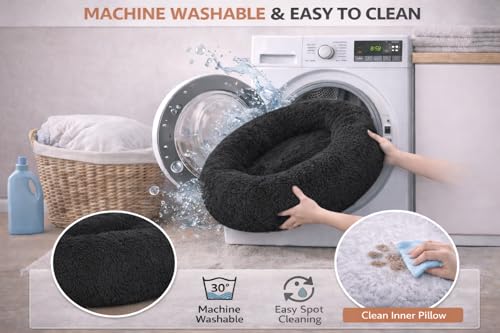 Image of ZEXSAZONE Round Doughnut Pet Bed for Cats and Puppies Dogs mat, Cozy and Plush, Raised Bedside Support, Both Sides Use like 2 in One, Washable, Sizes for Small, Medium, and Large Pets. (Black, Medium)