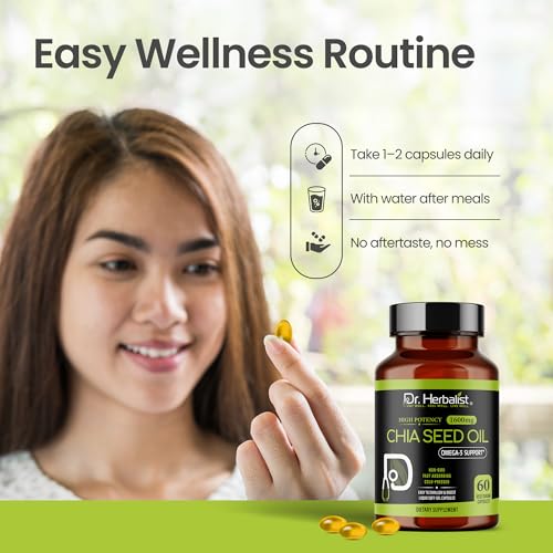 Image of Dr. HERBALIST Chia Seed Oil 1600mg Softgels - Plant-Based Superfood Supplement with Omega 3 Fatty Acids, Antioxidants & Natural Nutrients - 60 Capsules for Men & Women