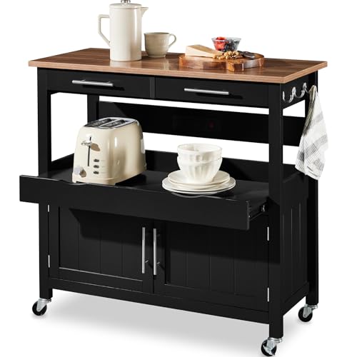 Best Choice Products 36in Large Rolling Kitchen Island Cart, 2-Door Cabinet, 2 Drawers, Pull-Out Shelf, Power Outlet, Hooks, & Swivel Lockable Wheels - Black