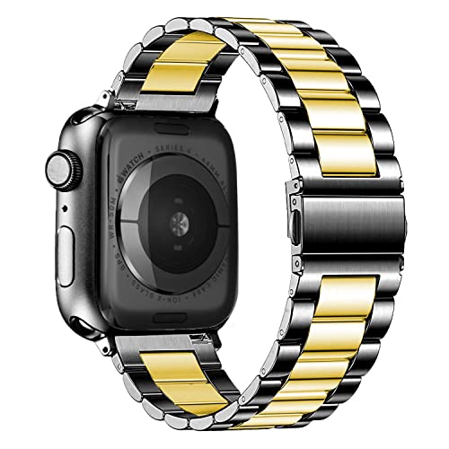 DEALELE Bands Compatible with iWatch 42mm 44mm 45mm 49mm, Solid Stainless Steel Metal Replacement Strap for Apple Watch Series 9/8 / 7/6 / 5/4 / 3 / SE/Ultra Women Men (Black/gold)