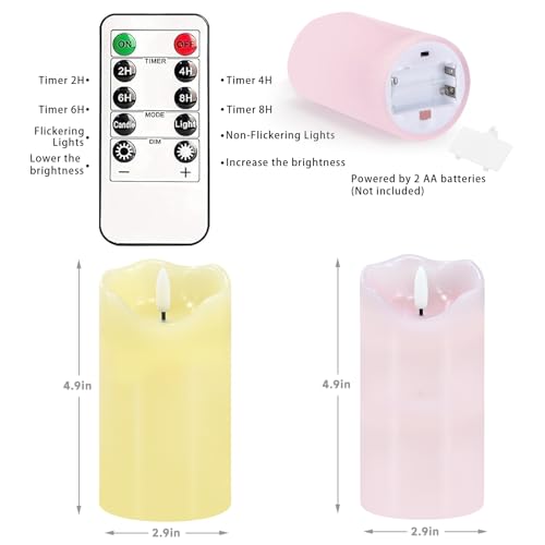 Image of Flameless Candles Light, Set of 2 6 inchx3 inch Flickering Pastel Spring LED Candles with Remote & Timer, Dimmable Real Wax Easter Pillar Candles Battery Operated for Home Spring Easter Decor (Pink Yellow)