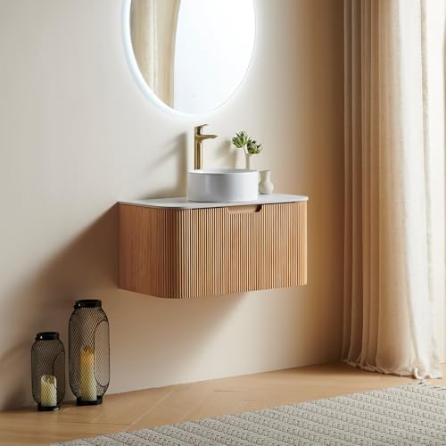 AmbroVania 36 inch Bathroom Vanity with Sink, Floating Cabinet with Ultra-Thin Ceramic Basin and Marble Top, Large Storage Drawer, Soft-Close Design, Nature Wood - 5