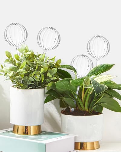 DN DECONATION Striped Plant Watering Globes Set of 4, Clear Glass Self Watering Planter Insert, Automatic Watering Bulbs for Indoor & OutdoorPlants, Watering Spikes Gifts for Plant Lovers