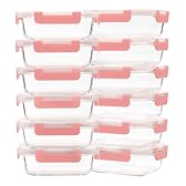 GULFLIN Glass Meal Prep Containers 12-Pack, 22oz Glass Food Storage Containers with Lids, Air-Tight, Leak-Resistant, Freezer to Microwave Safe-Pink Set