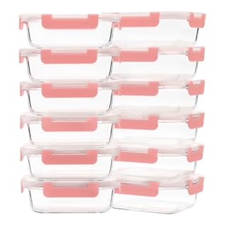 GULFLIN Glass Meal Prep Containers 12-Pack, 22oz Glass Food Storage Containers with Lids, Air-Tight, Leak-Resistant, Freezer to Microwave Safe-Pink Set
