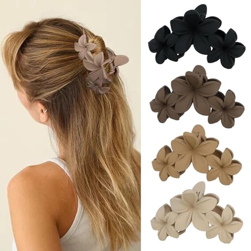 4PCS Hawaiian Plumeria Flower Hair Clips - Large Hair Claw Clips for Women Thin Thick Curly Hair, Strong Hold Beach Hair Accessories,Neutral Colors