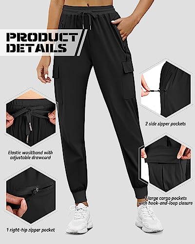 2 Pcs Women's Cargo Hiking Pants Lightweight Quick Dry Pants Elastic Waist Athletic Workout Outdoor Pants With Pockets (Black, Khaki, Large) #TOP1