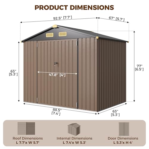 Image of IRONCK 7.7x5.7 FT Storage Shed, Outdoor Metal Tool Shed with Breathable Vents and Lockable Doors, All-Weather Tool Storage for Patio, Outside, Poolside, Brown