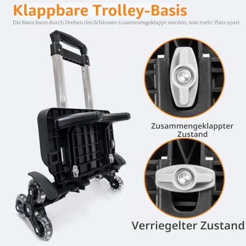 Rucksack-Trolley mit Rädern, faltbare Sackkarre aus Aluminiumlegierung, mit 6 Rädern und Gepäckgurt für Rucksäcke und Reisegepäck (Schwarz-L03)