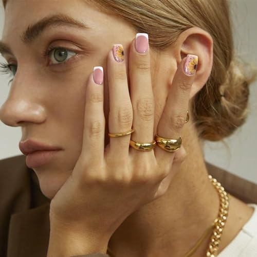 YOSOMMK French Tip Press On Nails Short Square Fake Nails with Sunflower Designs Acrylic False Nail Simple Full Cover Stick on Nail for Women and Girls - Image 3