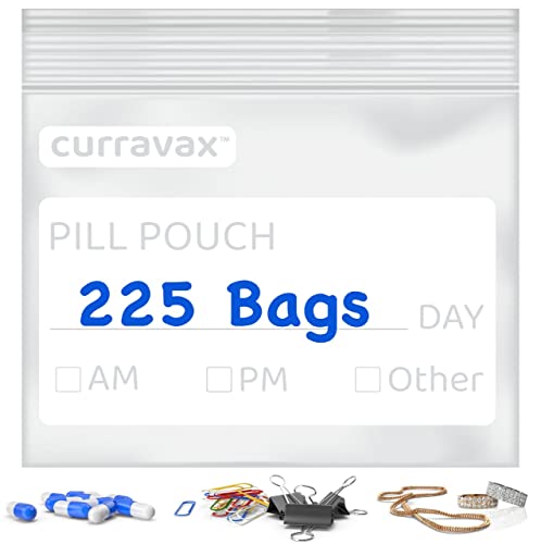 Pill Bags for Travel Pill Pouch Organizer Pack of 225 BPA Free 3 x 2.75 inch Pill Pouches for Medicine with Write on Label & Waterproof Zipper Seal AM PM Pill Baggies for Vitamins by CURRAVAX