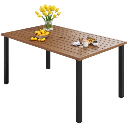 Sunshine Valley Patio Dining Table Rectangular Outdoor Dining Table With Teak Color Table Top 59.8" X 36.2" X28.7",Steel Frame With Umbrella Hole For Garden Backyard Lawn Yard Furniture. #TOP27