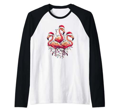 Merry Christmas Hat Santa Flamingo Light Snow Xmas Pajamas Manche Raglan