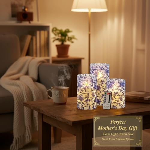 Image of Floral Flameless LED Pillar Candles with String Lights, 3pcs Blue and White Battery Operated Flickering Candles with Timer Remote,Chinese Porcelain Style Candle for Wedding Mother's Day Home Decor