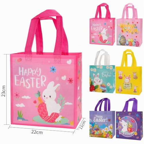 6 Stück Ostergeschenktüten mit Henkel, Wiederverwendbare Geschenktüte mit Hasen, Vliesstoff-Tragetaschen, Wasserdichte Ostertüte für Ostergeschenke, Ostertüten für Kinder Osterparty (22 x 23 x 11 cm)