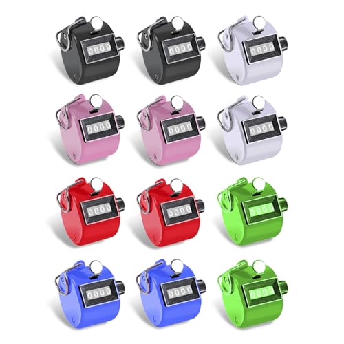 Hand Tally Counter Metal Clicker Counter 4-Digit Number Counter, 12pcs Handheld Mechanical Clickers Pitch Umpire Click Counters for Baseball Coaching Knitting People Lap Fishing Golf School Events
