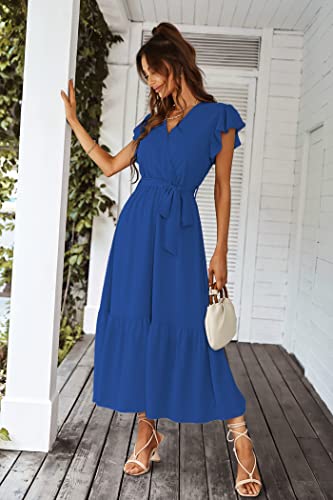 PRETTYGARDEN Women's Summer Floral Boho Maxi Dress Wrap Short Sleeve V Neck Ruffle A-Line Flowy Wedding Guest Long Dresses