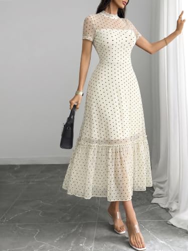 Image of GothDark Women's Summer Floral Mesh Ruffle Dress Short Sleeve Round Neck Waist Cinched Casual Maxi Wedding Guest Dresses