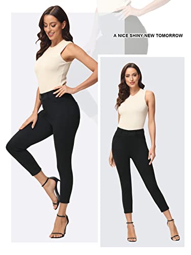 Puzeer Capris Pants For Women Business Casual Summer Pull On Dress Pants For Women Slim Work Crop Pants With Pockets 21.5" Black #TOP2
