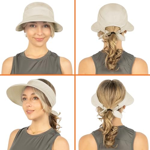 SUN CUBE Women Sun Hat for Outdoor UV Protection, Wide Brim Sun Hat Ponytail, Convertible Zip-Off Beach Hat Visor