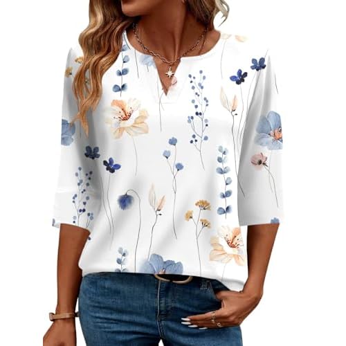 AKEWEI Women's V Neck 3/4 Sleeve T Shirts Summer Top Dressy Casual Basic Tees Shirt Tunic Blouses