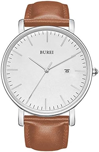 BUREI Men's Fashion Wrist Watch Minimalist Simple Watches for Men Ultra Thin Watch Analog Quartz Watches Leather Strap Watches with Date (Silver Brown)