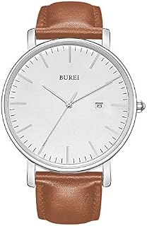 BUREI Men's Fashion Minimalist Wrist Watch Analog White Date with Brown Leather B